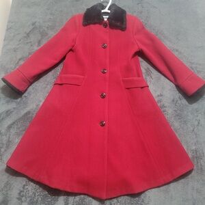 Erika Eriksson Classic Red Wool Coat with Black Faux Fur Collar